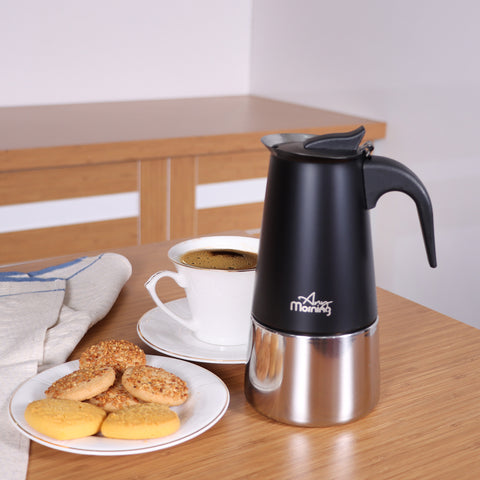 Any Morning Stovetop Espresso Coffee Maker Stainless Steel Induction Moka Pot, 300 ml - 10 oz, Black