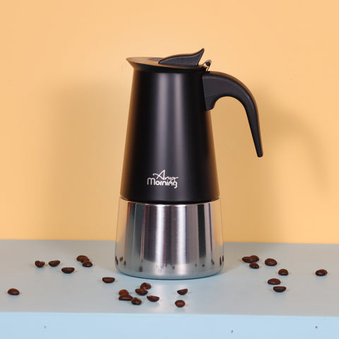 Any Morning Stovetop Espresso Coffee Maker Stainless Steel Induction Moka Pot, 300 ml - 10 oz, Black