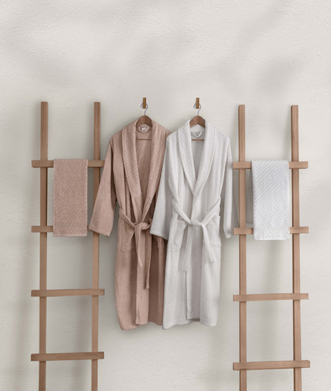 Koza Home Likya 100% Cotton Salmon-White 4-Piece Dowry Family Bathrobe Set and Towel Set 2 Bathrobes 2 Towels 1063A Standard