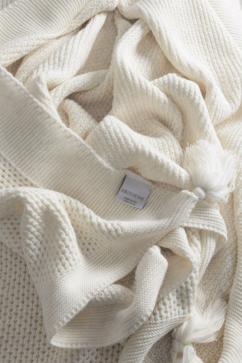 Koza Home Miel Cream Double Blanket with Pom Pom Edge 200x220 37100 Double